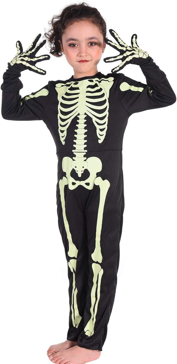 Skeleton Costumes kids Glow in The Dark Skeleton Costumes with Gloves Halloween Scary Jumpsuit fo... | Amazon (US)