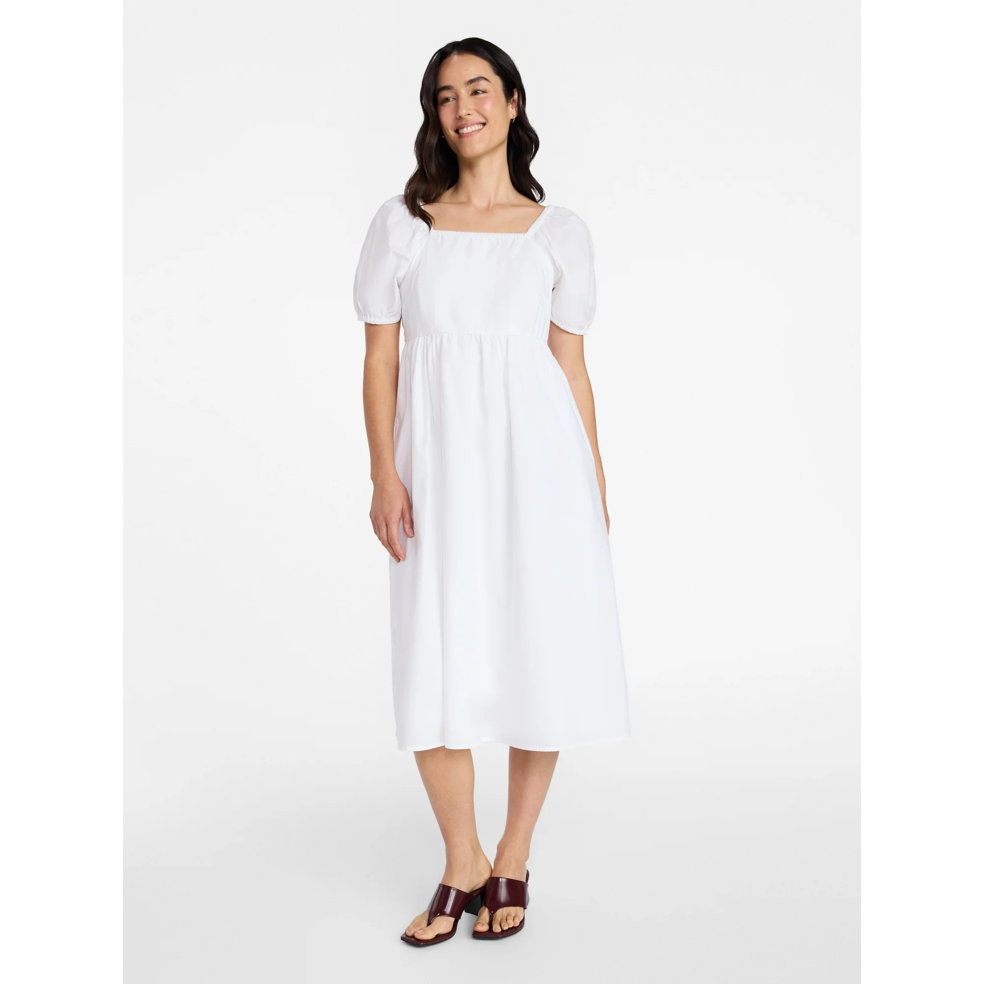 Time and Tru Women's and Women's Plus Cotton Back Tie Midi Dress with Short Puff Sleeves, Sizes X... | Walmart (US)