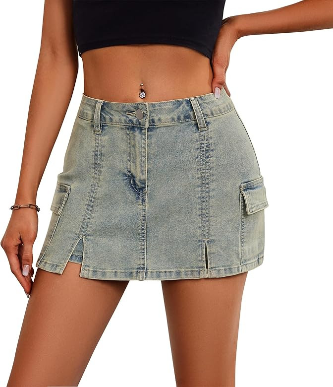 Jean Skorts Skirts for Women Denim High Waisted Two Side Slit Mini Y2K Casual Shorts with Pockets | Amazon (US)