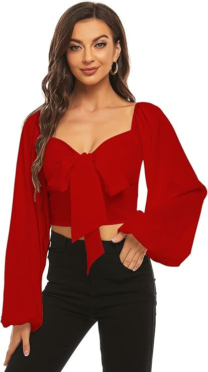 LYANER Women's Tie Knot Front Shirred Back Lantern Long Sleeve Crop Blouse Tee Top | Amazon (US)