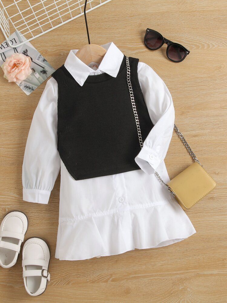 Toddler Girls Asymmetrical Vest & Ruffle Hem Shirt Dress | SHEIN