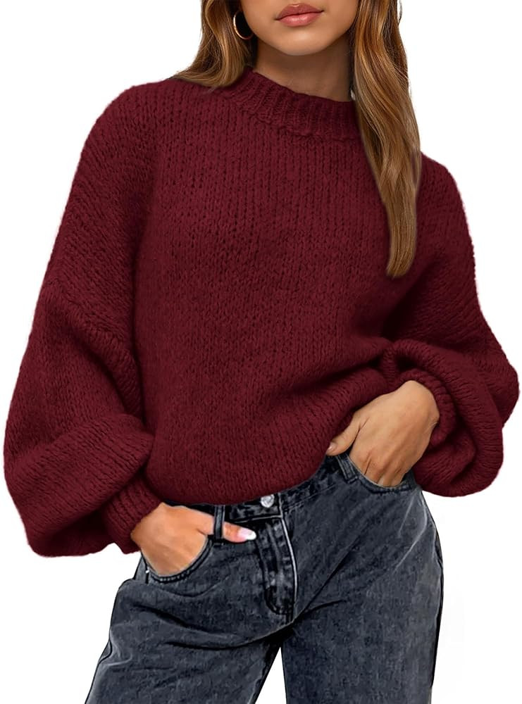 BTFBM Sweaters for Women Fall 2025 Crew Neck Lantern Long Sleeve Oversized Sweater Casual Knit Wi... | Amazon (US)