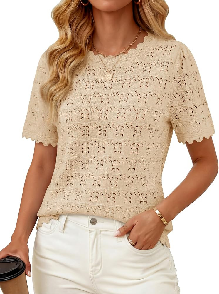 ZESICA Women's Spring Tops Crochet Short Sleeve Sweaters 2026 Summer Casual Crewneck Hollow Out S... | Amazon (US)