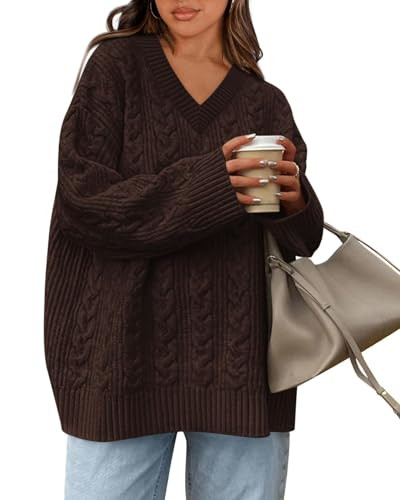 Okiwam Women's Oversized Sweaters Long Sleeve V Neck Cable Knit Pullover Tops Fall Outfits Spring Fashion Clothes 2026-XS Brown | Amazon (US)