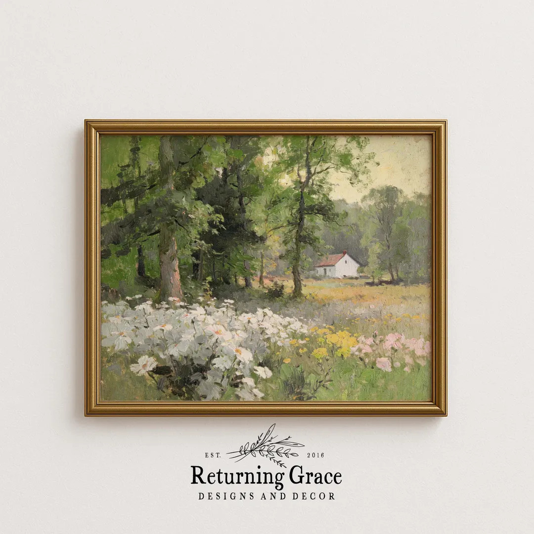 Farmhouse Landscape Print, Farmhouse Art, Spring Garden Art (digital Download), Farmhouse With Fl... | Etsy (US)