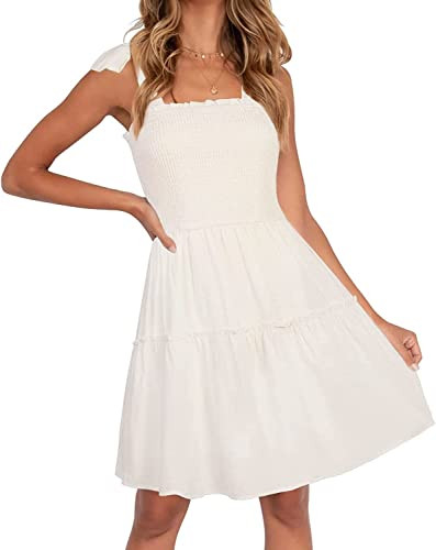 ZESICA Women's 2025 Summer Spaghetti Strap Sleeveless Square Neck Ruffle A Line Swing Mini Dress,Ivory,Small | Amazon (US)