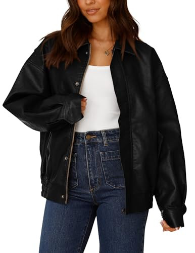 PRETTYGARDEN Women's Faux Leather Motorcycle Jacket Trendy Fall Spring Clothes Oversized Zip Up Winter Coat Outerwear (Black,XX-Large) | Amazon (US)