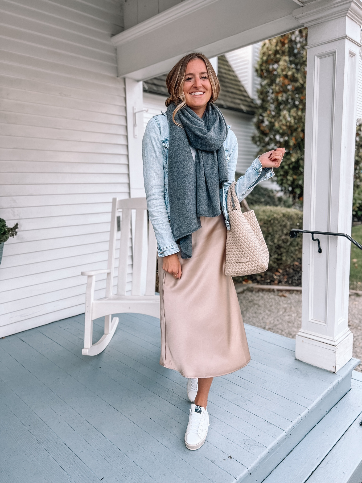 Comfy, casual outfit/ mom style, satin midi skirt from amazon, denim jacket, cashmere scarf, Golden goose sneakers, linked a more affordable sneaker option 

#LTKstyletip #LTKSeasonal