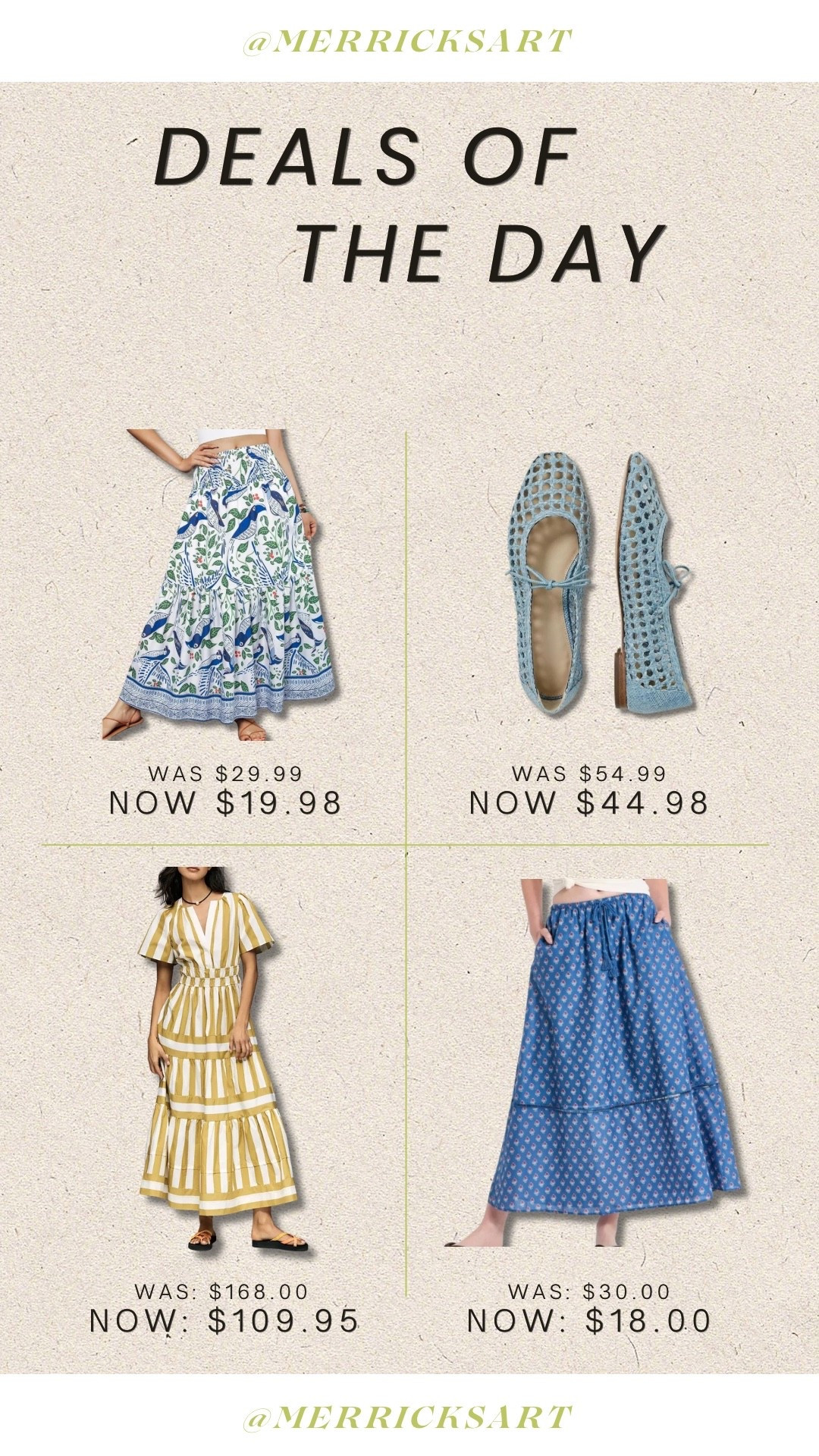 Four fabulous deals today! Two great statement skirts that you can pair with a basic tee or tank, a really beautiful dress in the viral Somerset style, and a Darling pair of ballet flats. ￼