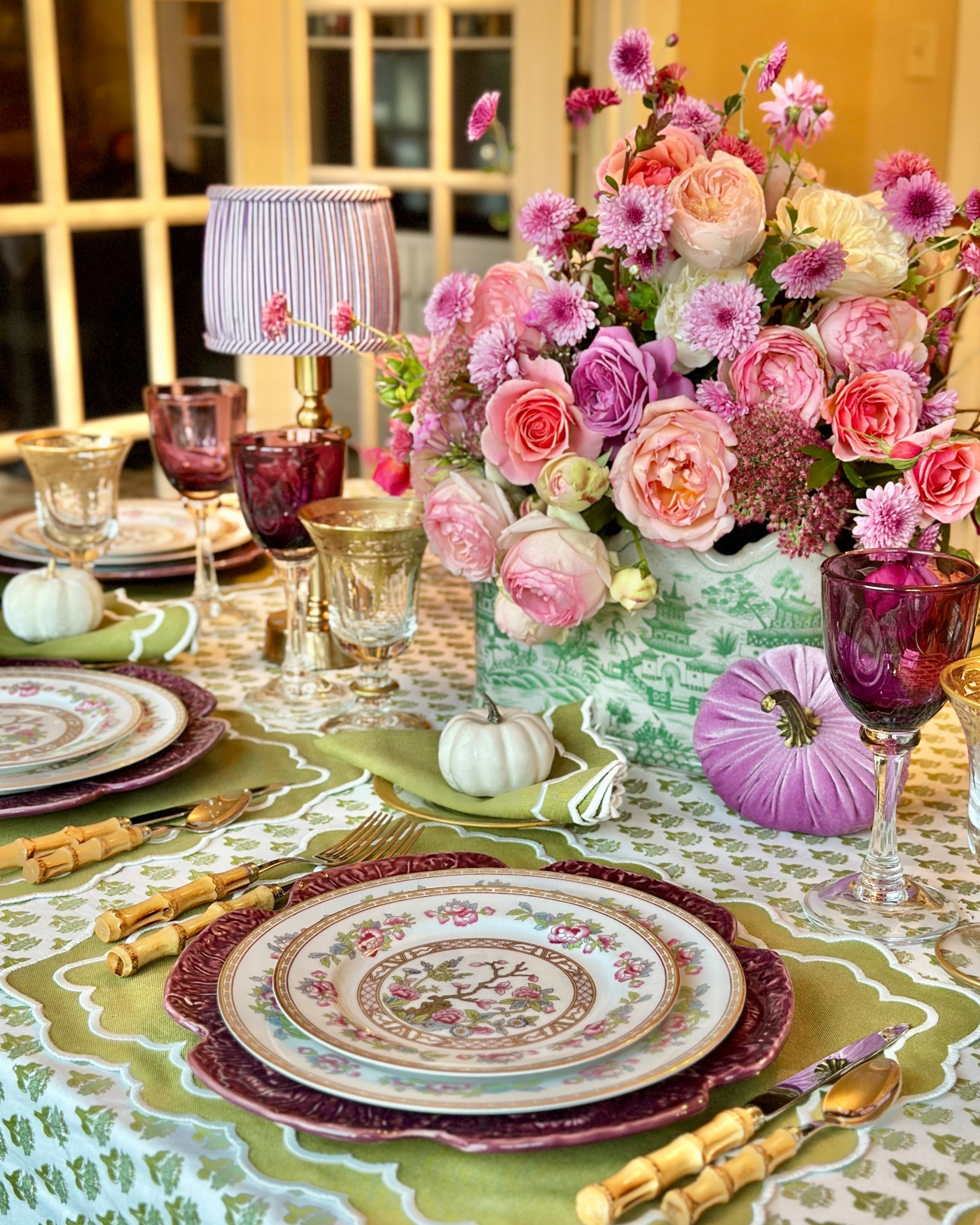 Fall table in purple and green tones featuring PNR Decor placemats and napkins and vintage china