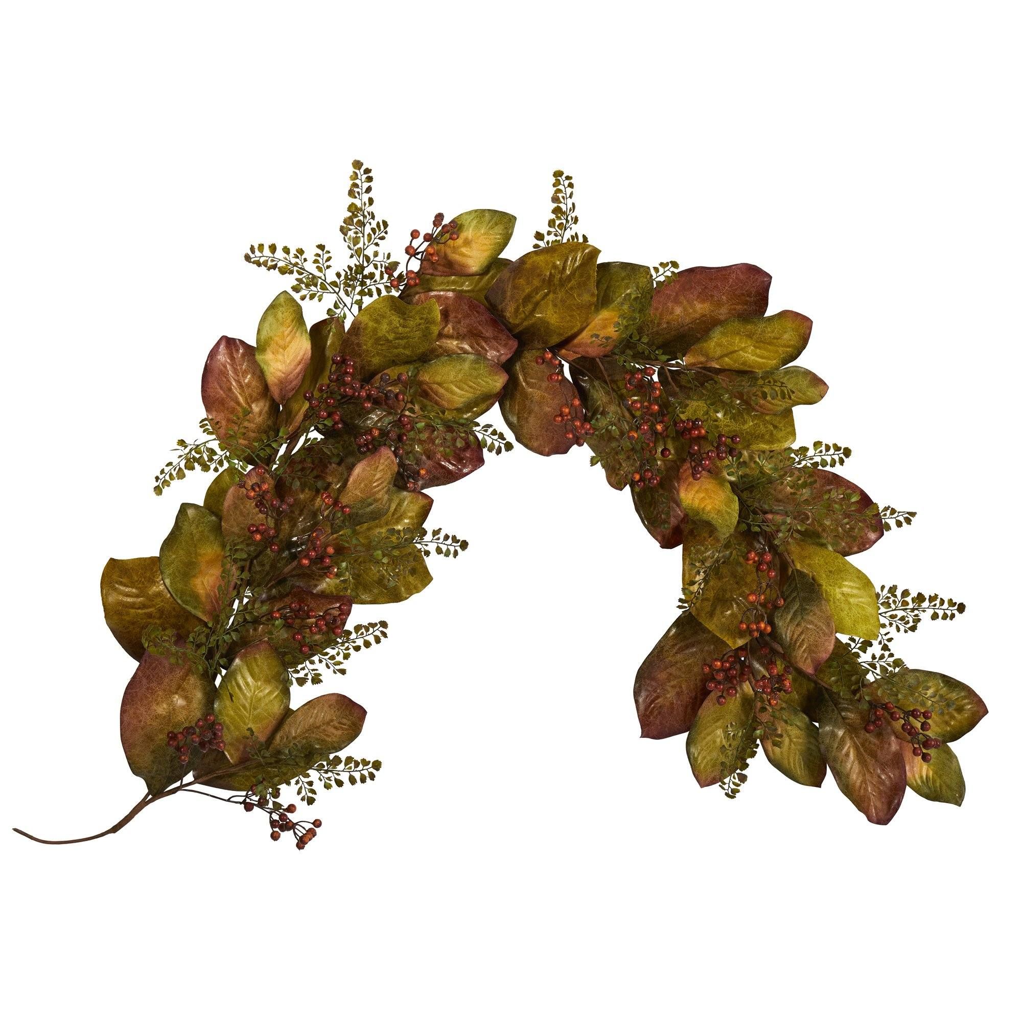 6’ Autumn Magnolia Leaf and Berries Artificial Garland | Nearly Natural | Nearly Natural