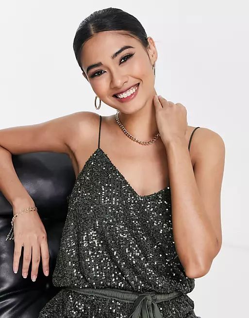 ASOS DESIGN sequin cami wide leg jumpsuit in khaki | ASOS | ASOS (Global)