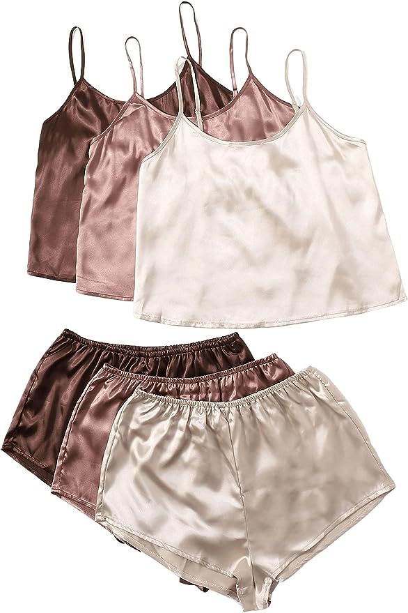 SheIn Women's 3 Sets Satin Pajama Set Sleeveless Crop Cami and Elastic Waist Shorts Sleepwear Lou... | Amazon (US)