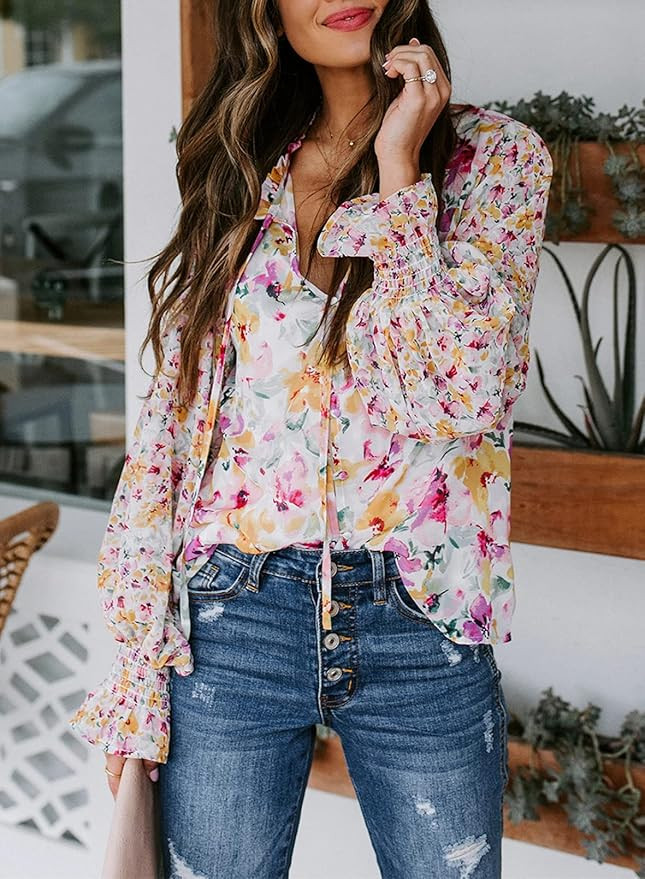 Dokotoo Women's Casual Boho Floral Printed V Neck Tops Drawstring Short Long Sleeve T Shirt Blous... | Amazon (US)