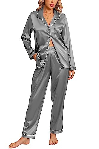 Anjue Satin Pajama Set Women's Black Sleepwear Long Sleeve Pjs Top with Long Pants Nightwear Set(Dark Grey,S) | Amazon (US)