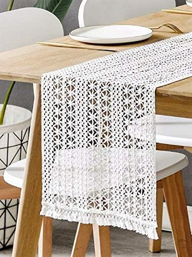 BOXAN 11" x 72" White Macrame Table Runner, Woven Crochet Lace Boho Wedding Fringe Table Runner w... | Amazon (US)
