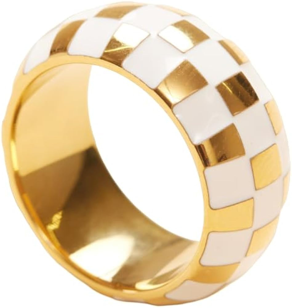 Shapes Studio 18K Gold Plated Titanium White Checker Band Ring. Vintage Styled Women Checkered Ri... | Amazon (US)
