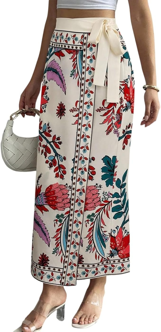 Womens Floral Wrap Midi Skirt Summer Adjustable Tie Side Casual High Waist A Line Beach Boho Long... | Amazon (US)
