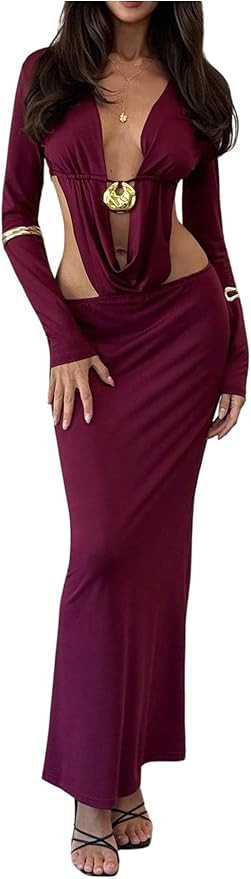 SweatyRocks Women's Long Sleeve Draped Deep V Neck Bodycon Maxi Dresses Cut Out Party Club Dress | Amazon (US)