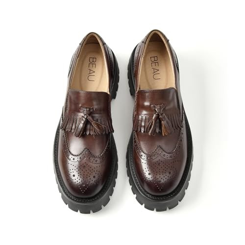 BEAU TODAY Chunky Loafers for Women, Women’s Leather Platform Loafers, Lug Sole Tassel Slip On Loafers Shoes Brogues Wingtip Casual Business Shoes Comfortable Dressy Dark Brown US 8.5 | Amazon (US)
