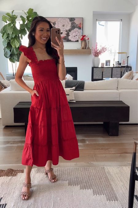 Red tiered midi dress that is nursing friendly and bump friendly! I love the ruffle sleeves and tiered skirt. Perfect for year round and on sale for 40% off! Wearing size XS and it fits TTS  

#LTKSeasonal #LTKstyletip #LTKsalealert