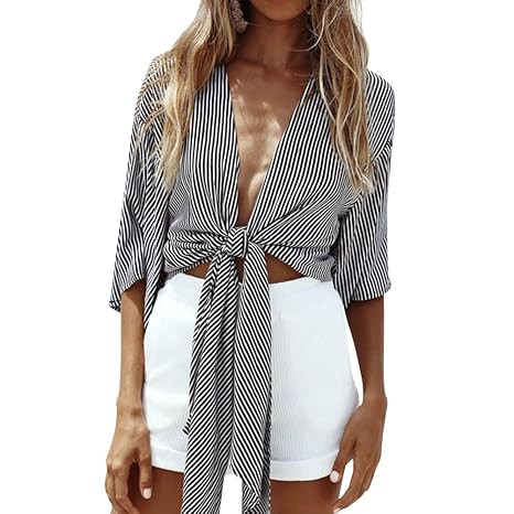 ZJP Women Striped Deep V Neck Half Sleeve Front Tie Kimono Cover Up Loose Shirt | Amazon (US)