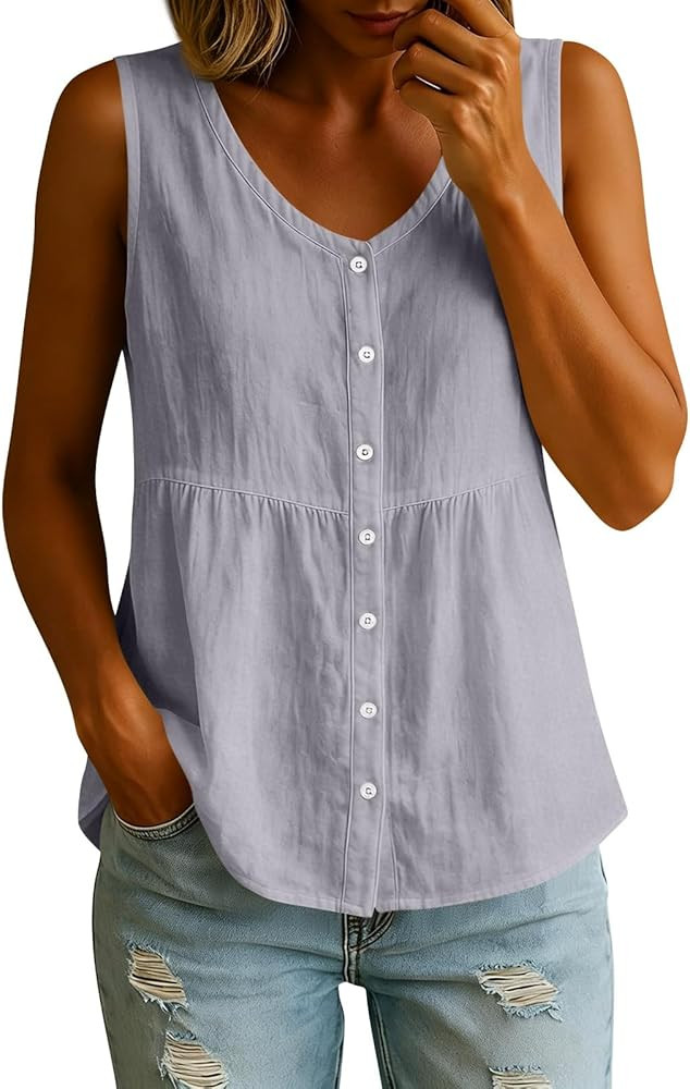 Button Down Tank Tops for Women Linen V Neck Summer Tank Tops Sleeveless Gauze Babydoll Lightweig... | Amazon (US)
