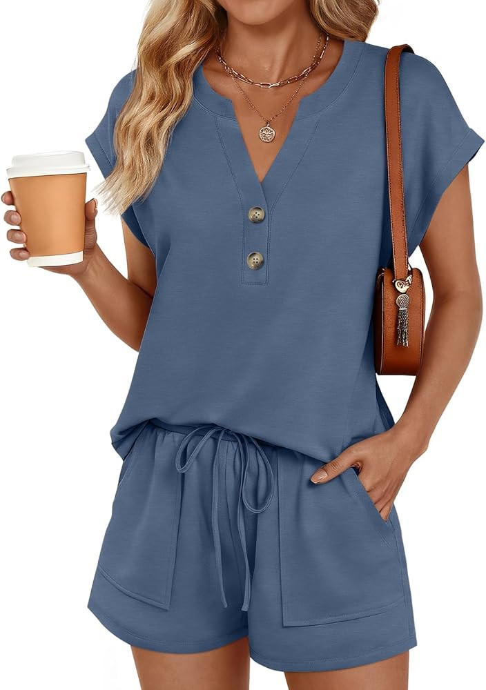LILLUSORY 2 Piece Summer Set 2026 Henley Top & Drawstring Shorts with Pockets | Amazon (US)