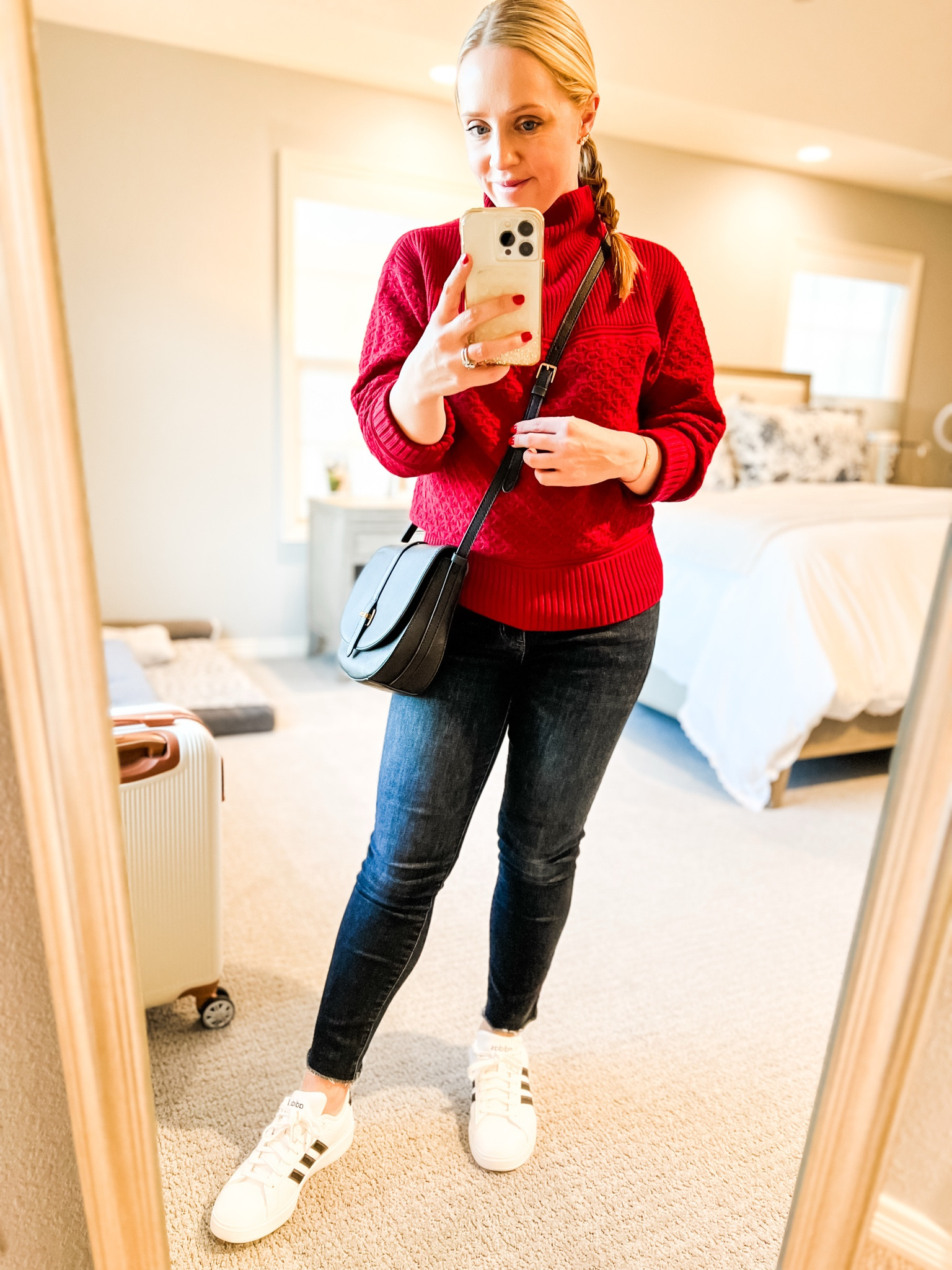 What I’m wearing as a toddler mom! Wearing small petite in this festive red sweater, fits tts. 4 petite in these skinny jeans, fit tts, Adidas sneakers fit tts. Similar black coats linked! Exact crossbody bag and sunglasses.
Mom outfit, petite outfit, skinny jeans, petite jeans, black wrap coat, belted coat, red sweater, cable sweater, winter outfit 

#LTKFindsUnder100 #LTKSaleAlert #LTKHoliday