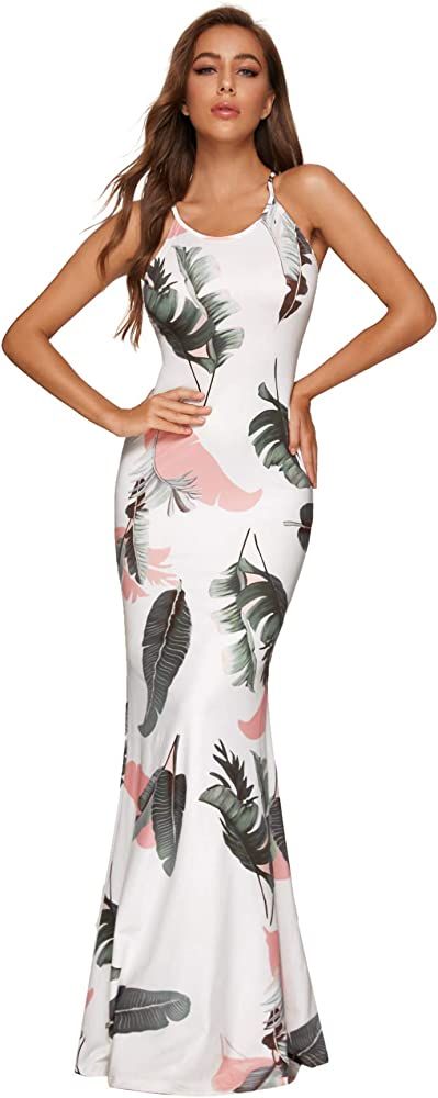 SheIn Women's Floral Strappy Backless Summer Evening Party Maxi Dress | Amazon (US)