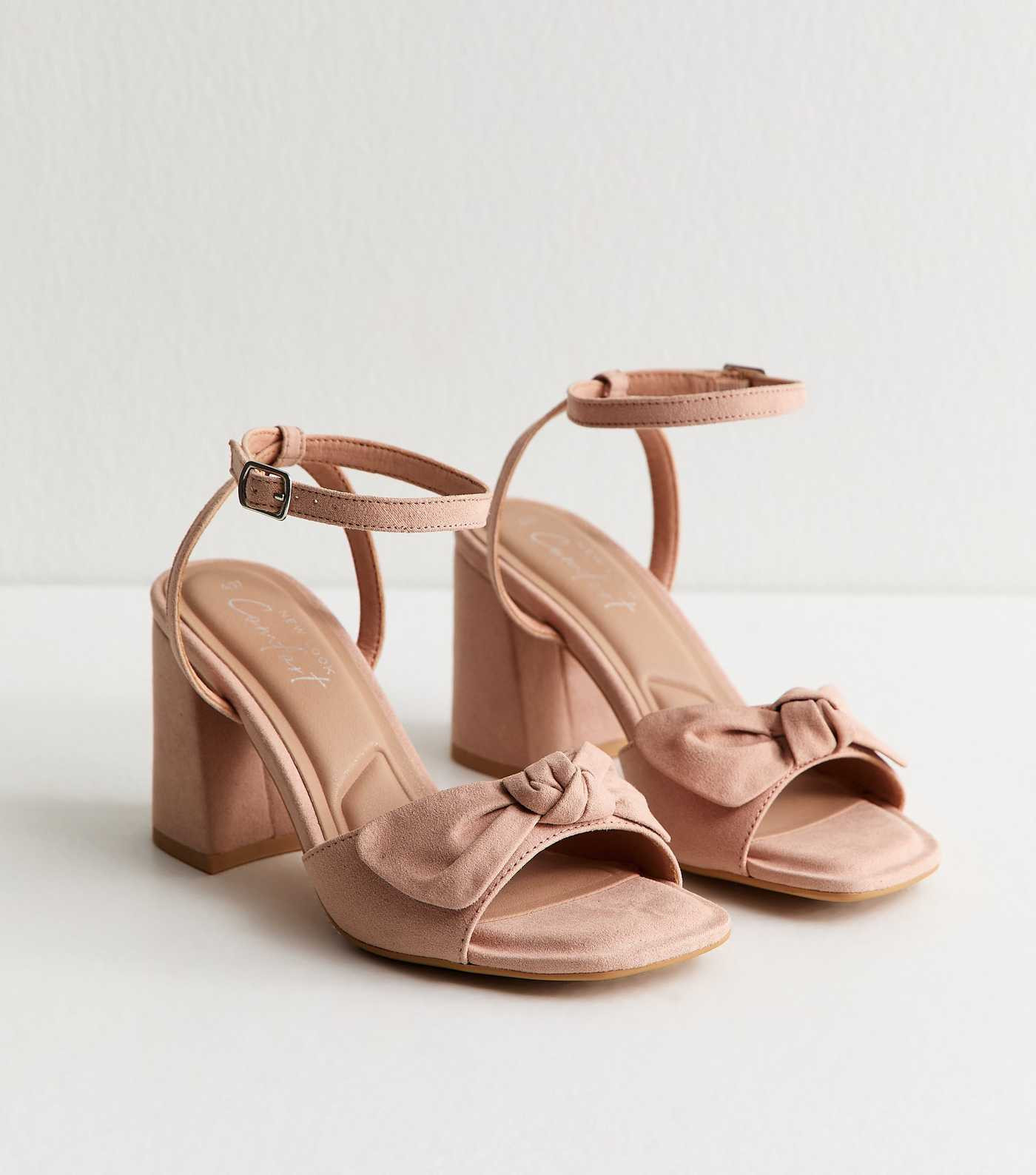 Light Pink Faux Suede Bow Block Heel Sandals | New Look | New Look (UK)