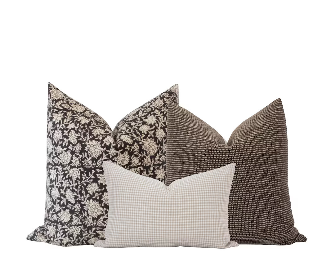 Pillow Cover Combo Brown Pillow Cover Combo Moody Pillow Cover Set Block Print Pillow Combo Black... | Etsy (US)