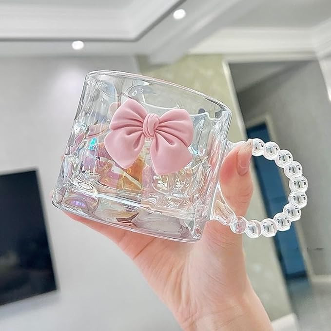 WQURC Girls Pink Bowknot Glass Cup, Tea Cup, Milk Cup, Mug for Home, Office, Bedroom (1 Pack) | Amazon (US)