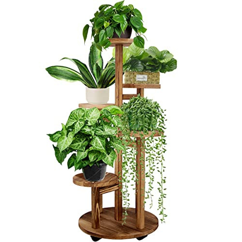 GEEBOBO 5 Tiered Tall Plant Stand for Indoor, Wood Plant Shelf Corner Display Rack, Multi-tier Planter Pot Holder Flower Stand for Living Room Balcony Garden Patio (Walnut) | Amazon (US)