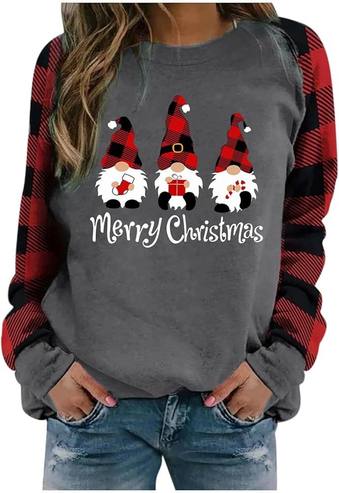 Merry Christmas Sweatshirt for Women, Xmas Plaid Tree Printed Shirts Long Sleeve Crewneck Holiday... | Amazon (US)