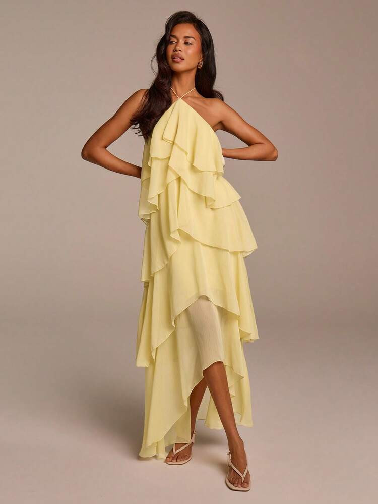 COSMINA Elegantes romantisches blassgelbes Sommer-Maxikleid mit Neckholder, R\u00fcschensaum, ein... | SHEIN
