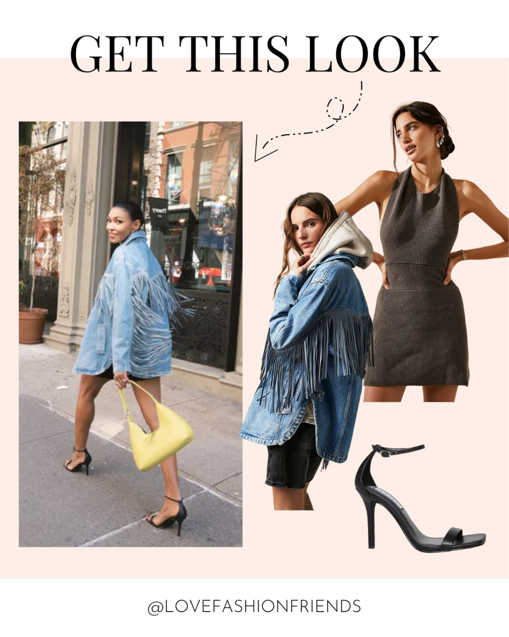 Spring outfit, black dress, fringe denim jacket 

#LTKstyletip #LTKunder100