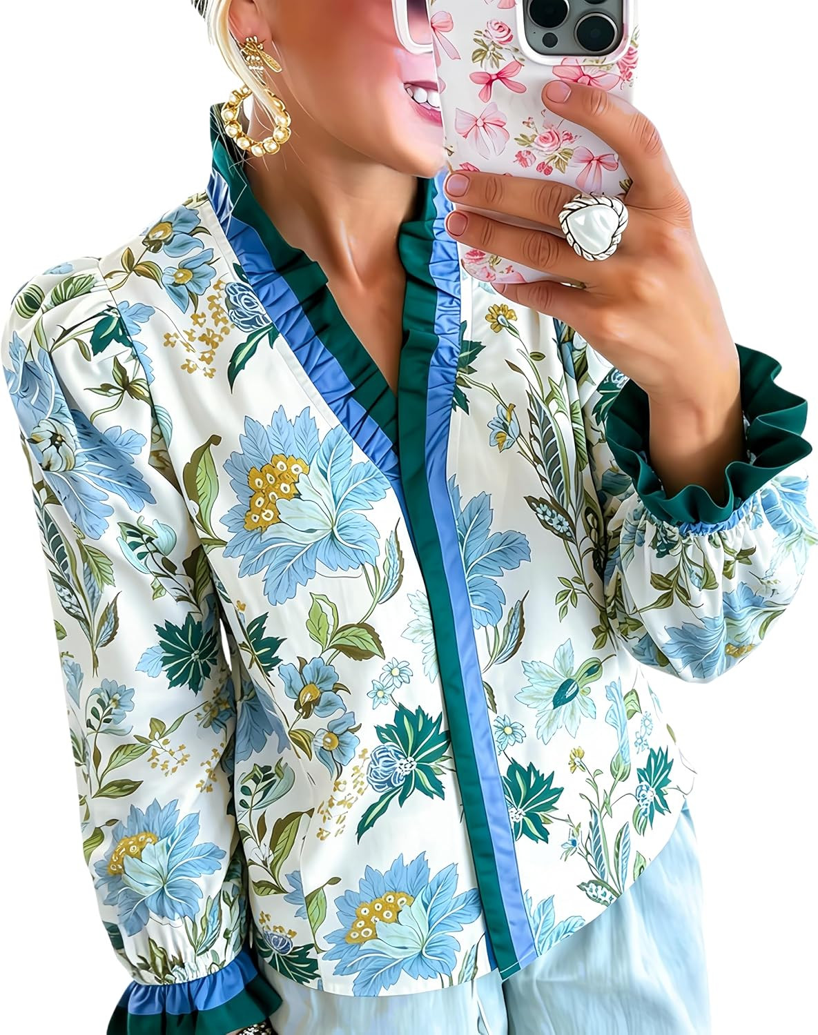 Womens Printed Ruffle Blouse Long Puff Sleeve Shirts | Amazon (US)
