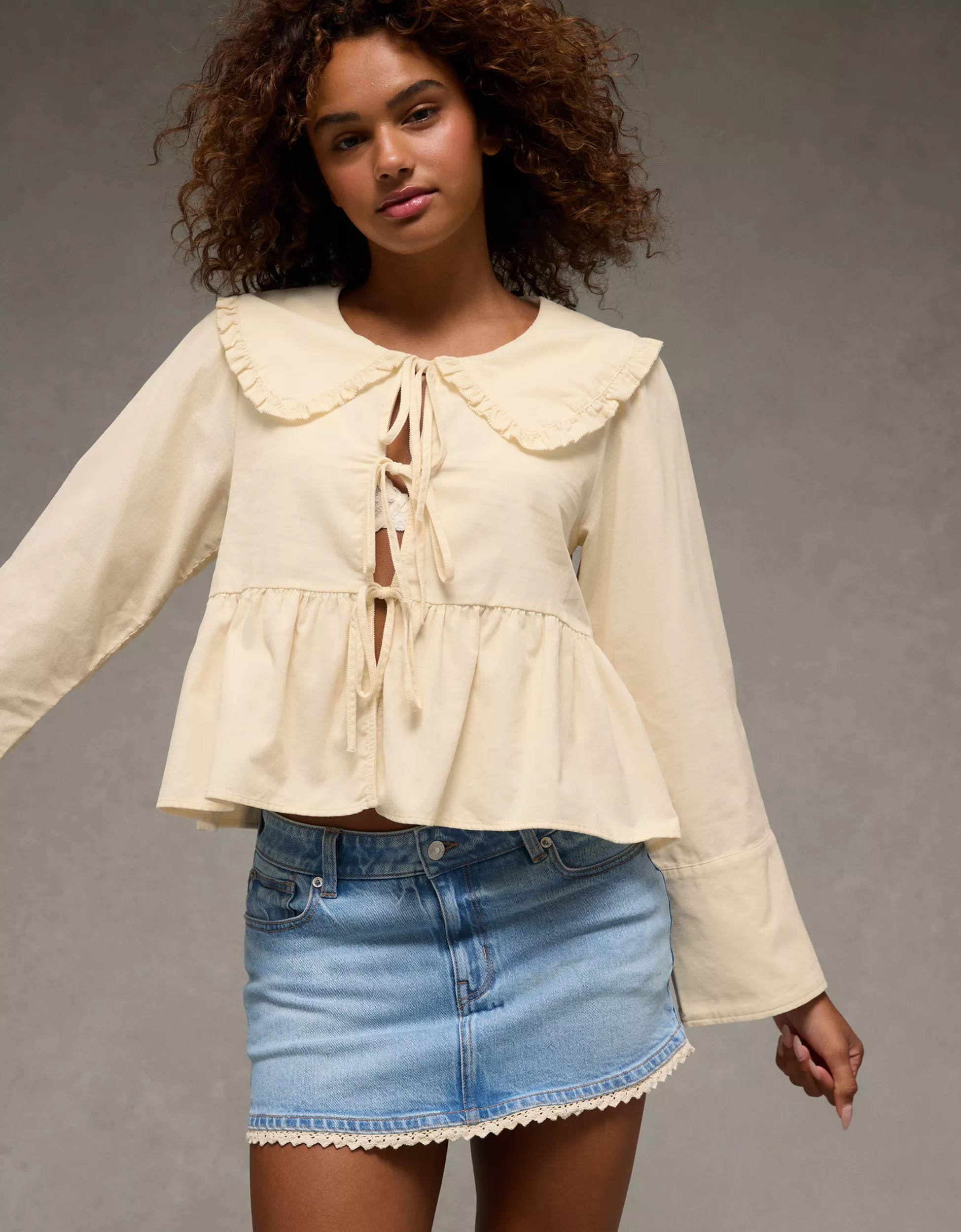 AE Long Sleeve Tie-Front Blouse | American Eagle Outfitters (US & CA)
