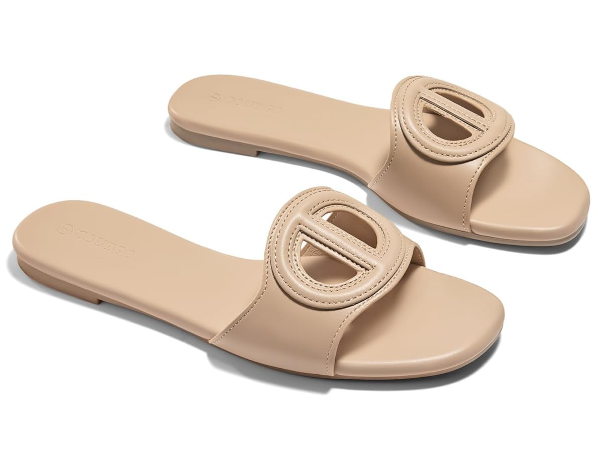Coutgo Womens Dressy Flat Sandals Open Toe Slip on Leather Summer Beach Slide Sandals | Amazon (US)