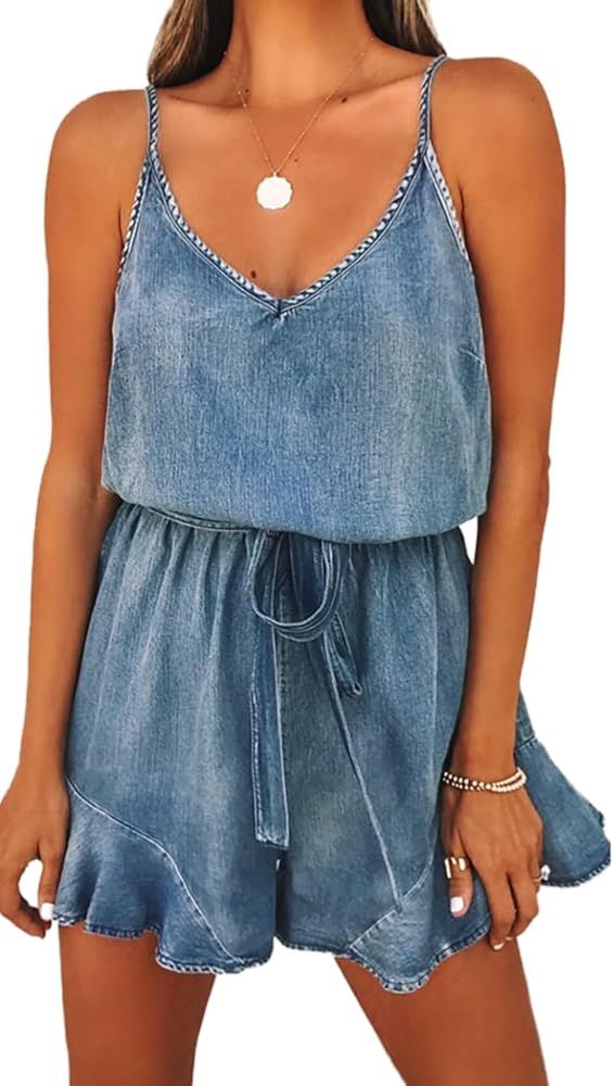 Womens Vintage Denim Rompers Distressed Spaghetti Strap V Neck Wide Leg Belted Short Jean Jumpsui... | Amazon (US)