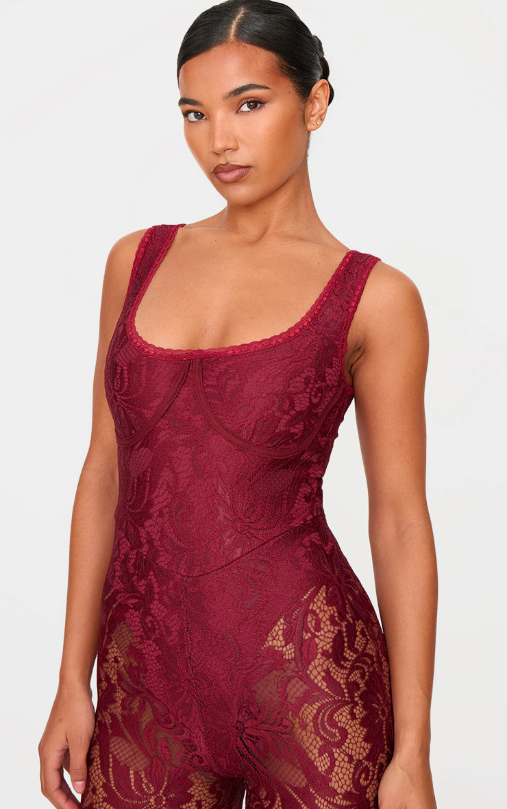 Burgundy Lace Boning Detail Flared Jumpsuit | PrettyLittleThing US