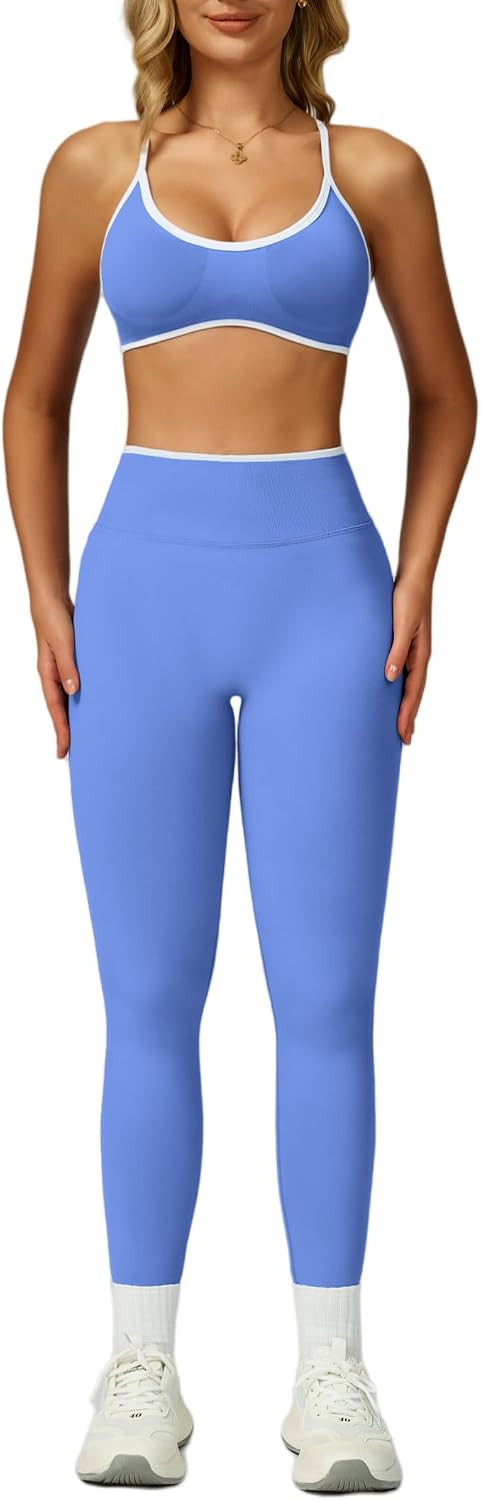 ABOCIW Womens 2 Piece Workout Sets Seamless Color Block Sports Bra Scrunch Butt Lifting High Waist Leggings Gym Set | Amazon (US)