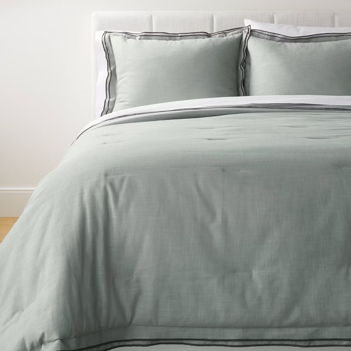 Full/Queen Double Flange Merrow Stitch Comforter & Sham Set Light Teal Green/Dark Gray - Threshol... | Target