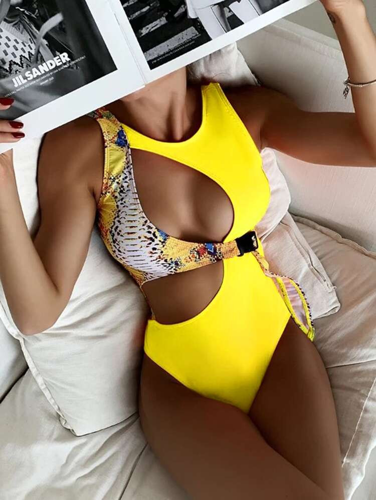 Snakeskin Print Cut-out One Piece Swimsuit | SHEIN