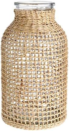 DOITOOL Boho Glass Flower Vase with Rattan Cover, Farmhouse Flower Bud Vase, Round Decorative Flo... | Amazon (US)