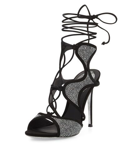 Crystal-Embellished Suede Ankle-Wrap Sandal, Black/Chrome | Neiman Marcus