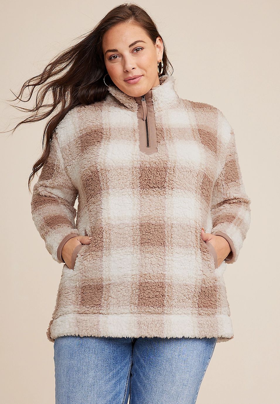 Plus Size Plaid Teddy Sherpa Sweatshirt | Maurices