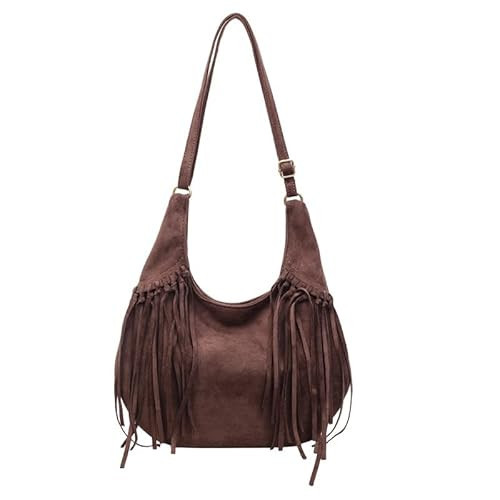 Vintage Suede Fringe Crossbody Bag – Women Fashion Boho Shoulder Bag Casual Aesthetic Tote Handbag Tassels Purse (coffee) | Amazon (US)