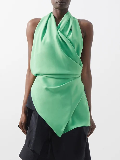 A.w.a.k.e. Mode - Asymmetric Open-back Crepe Halterneck Top - Womens - Green | Matches (US)